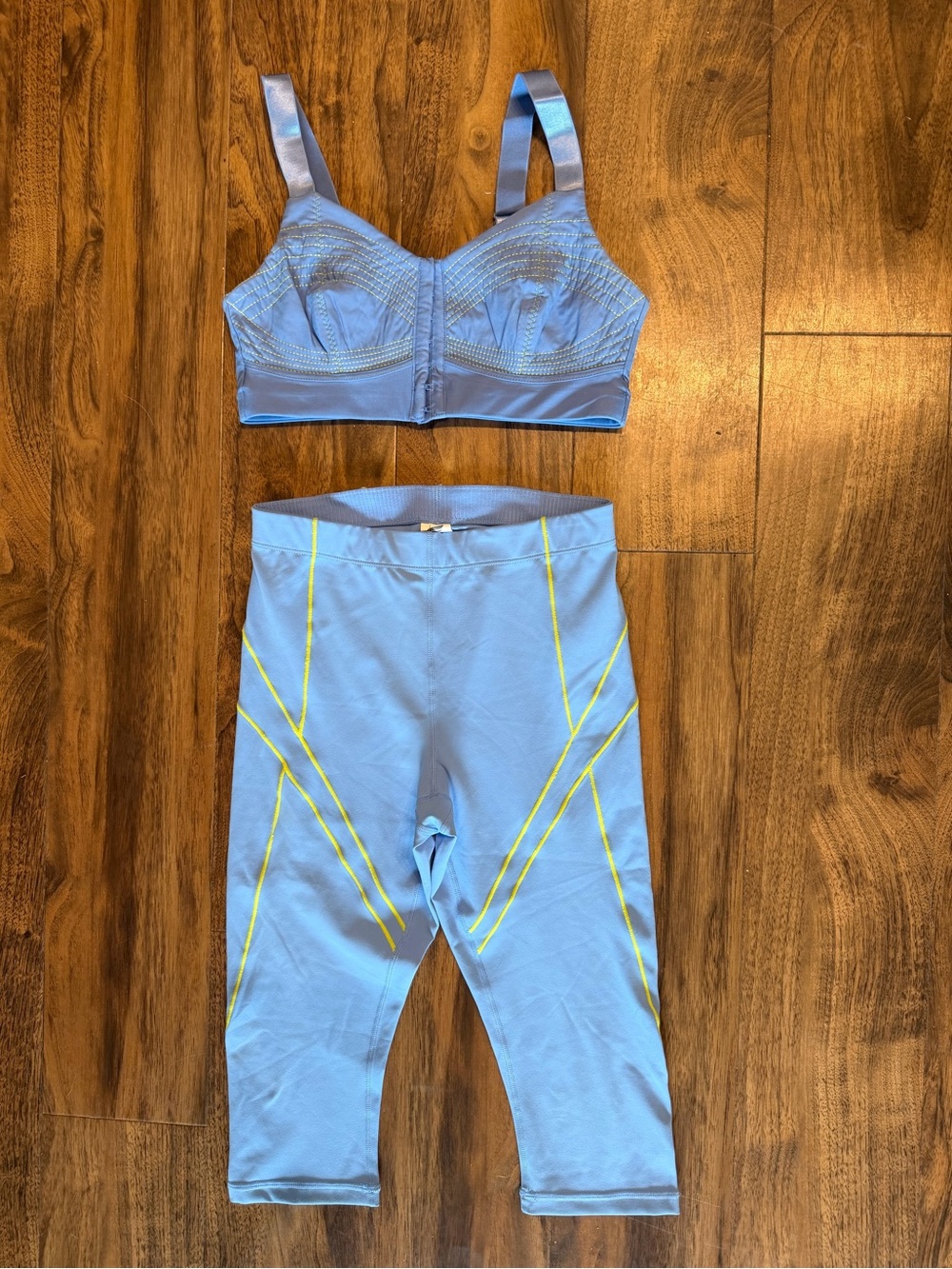 Fabletics Light Blue Sports Bralette & Capri Set with Neon Accents